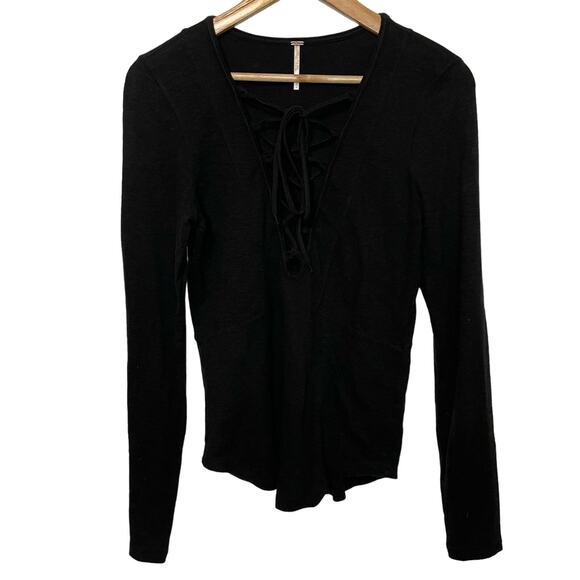 Free People Black Long Sleeve M Womens Lace Up Casual Layering Form Fitting - Picture 1 of 5